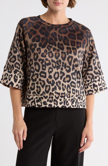 T Tahari Three-quarter Sleeve Scuba Top In Animal Print