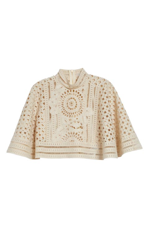Indra Crop Embroidered Cotton Eyelet Cape (Regular & Petite)