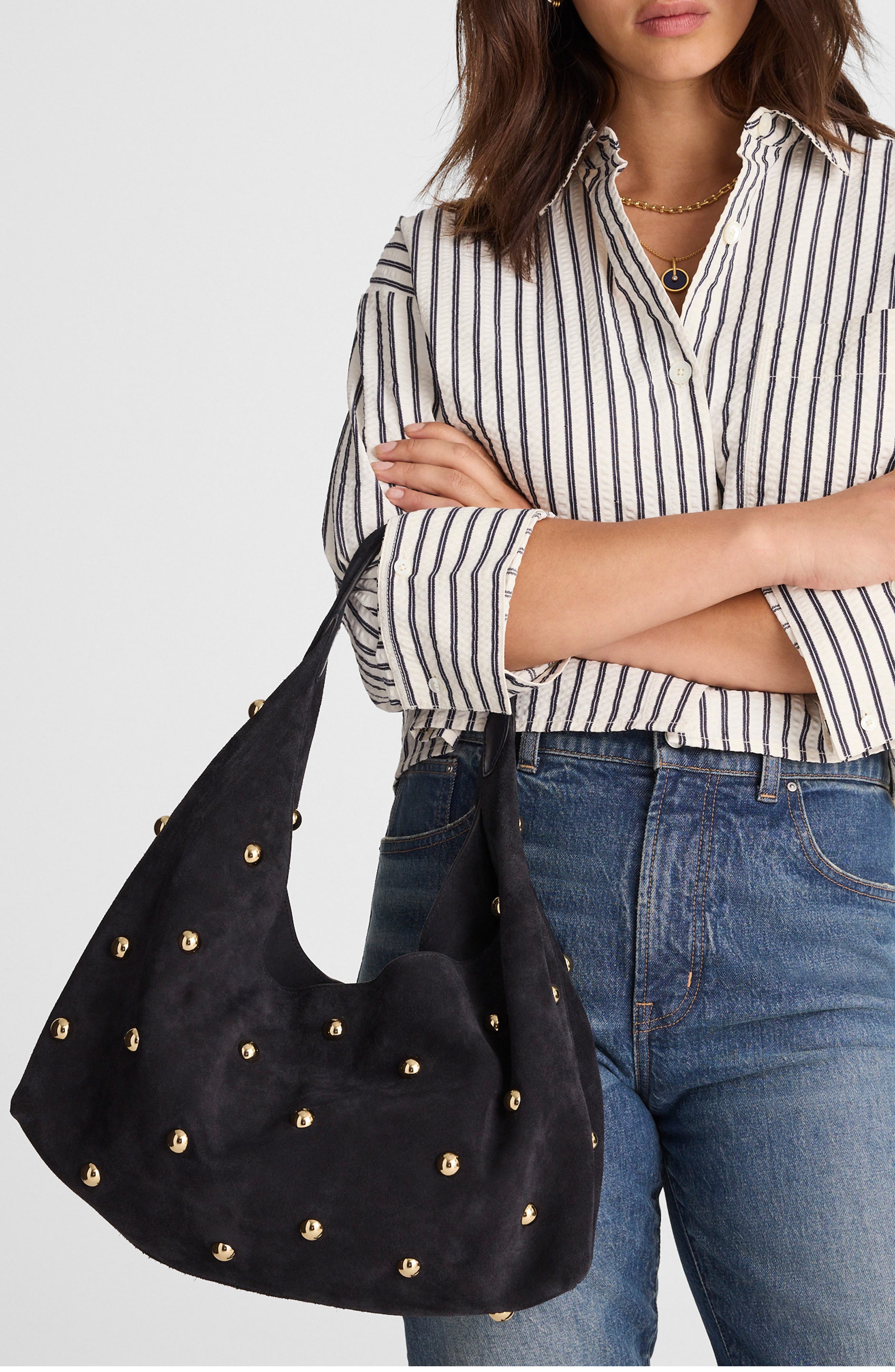 Madewell The Mylie Studded Suede Shoulder Bag, Alternate, color, Juniper Berry