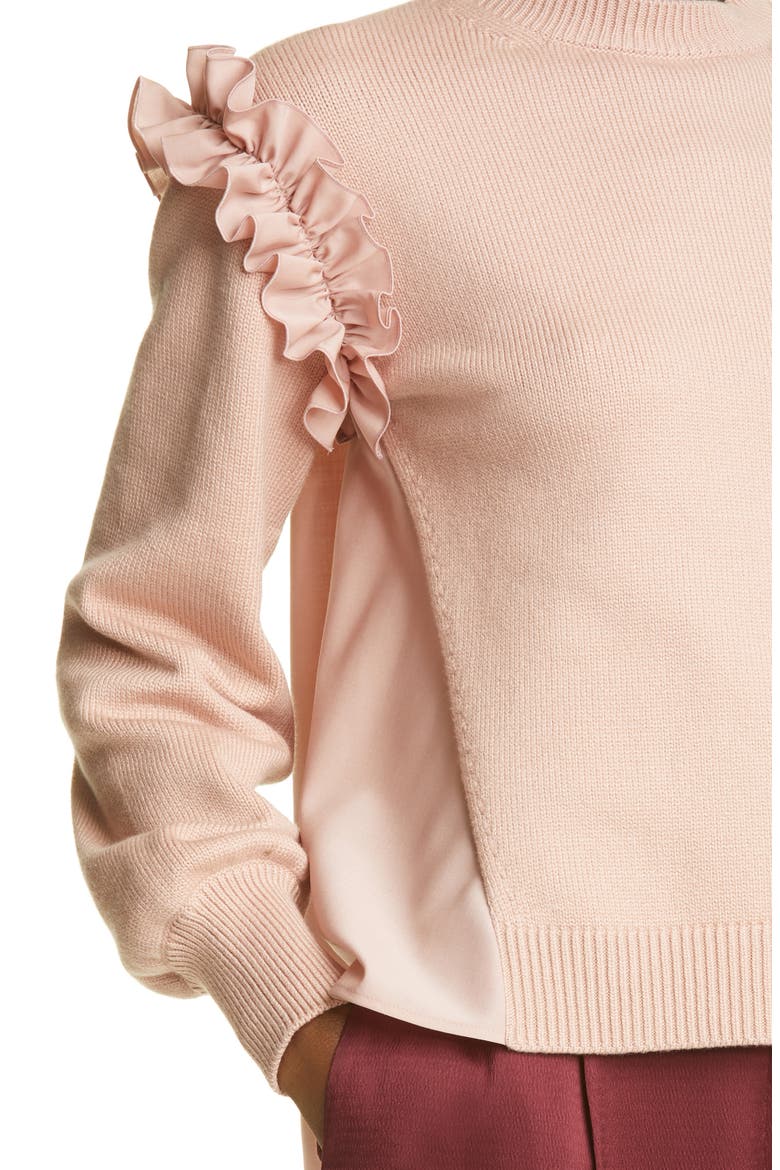 Ruffle Mixed Media Sweater, Alternate, color, MAUVE PINK