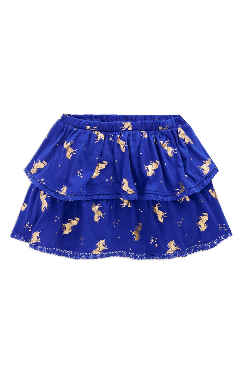 Mini Boden Kids' Printed Lace Trim Tiered Skort, Main, color, Sapphire Blue Horses