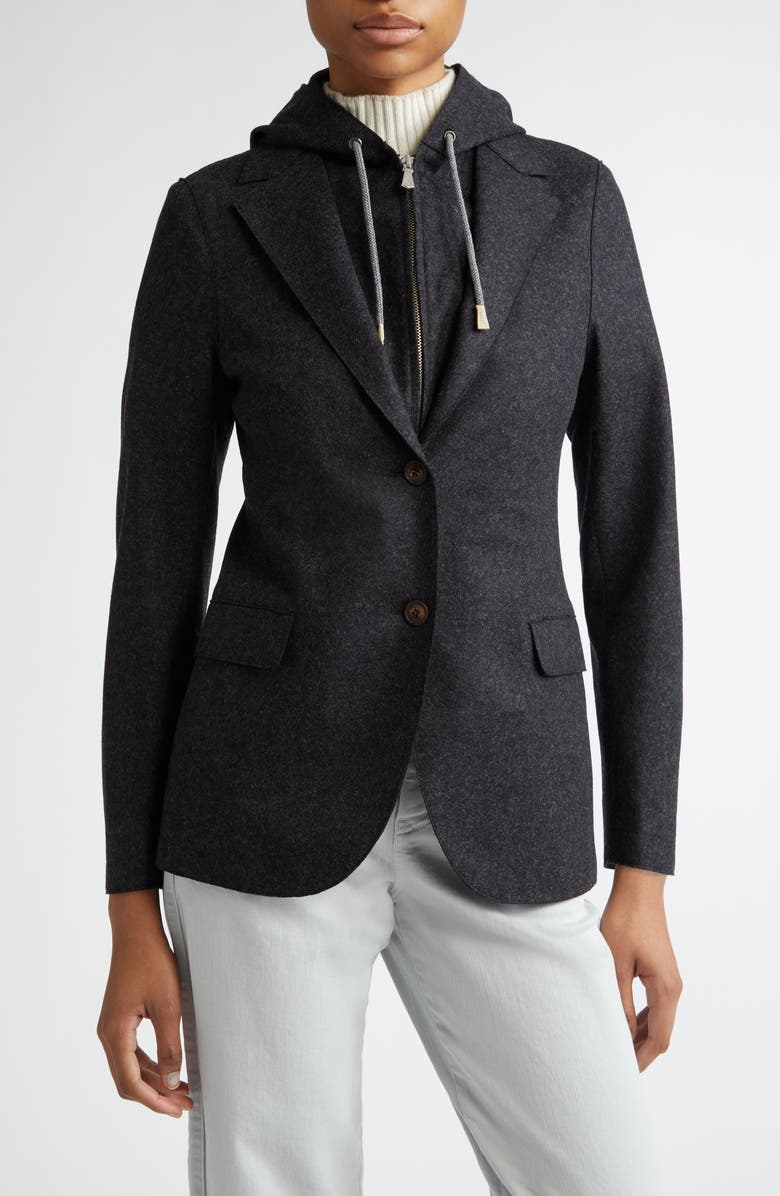 Eleventy Wool Blend Flannel Blazer with Removable Hooded Bib, Main, color, 22N Black