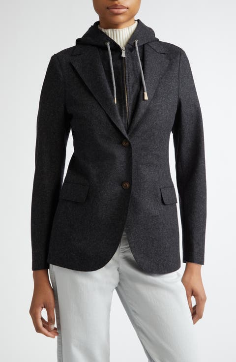 Wool Blend Flannel Blazer with Removable Hooded Bib