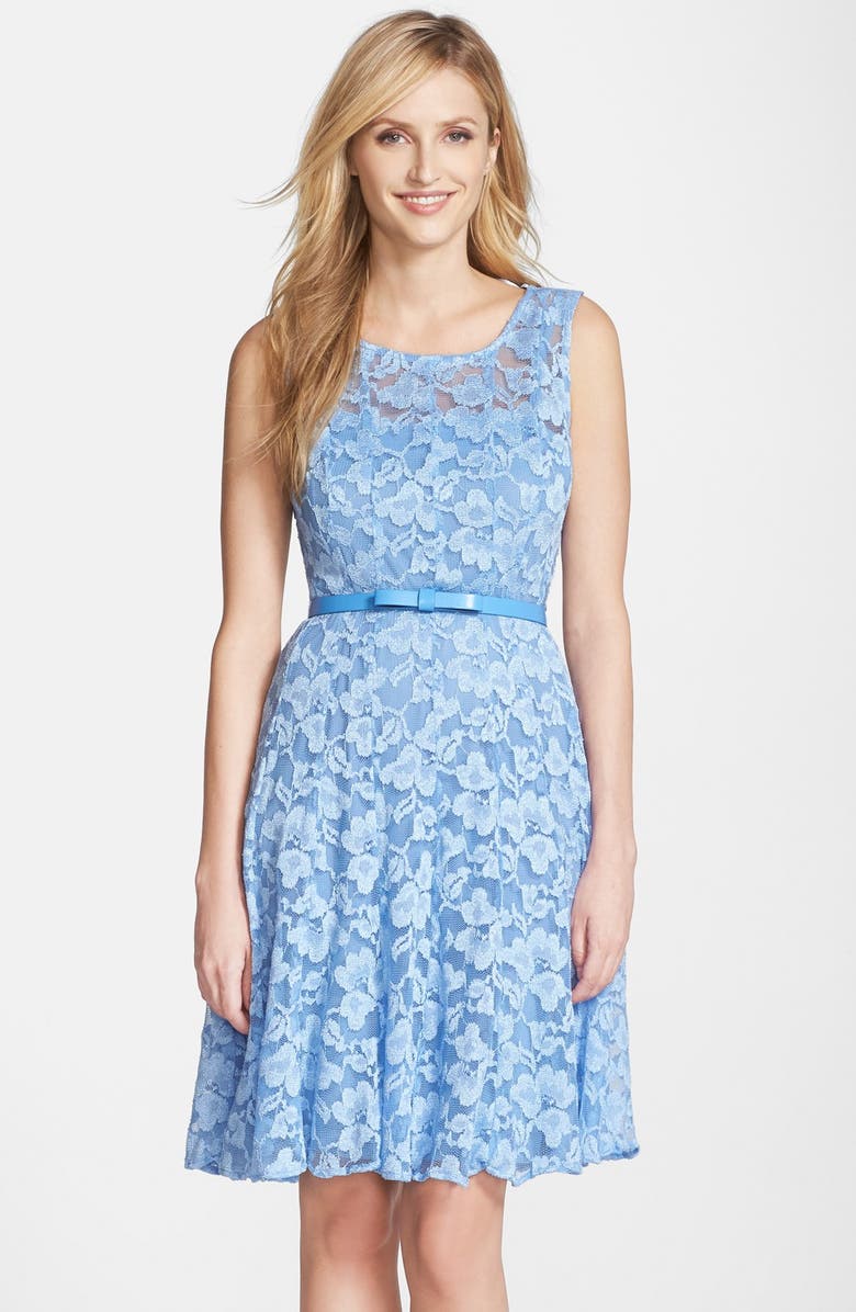 Chetta B Belted Lace Fit & Flare Dress, Main, color, 