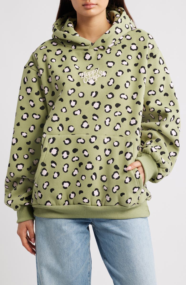 HAPPY CAMP3R Leopard Print Core Hoodie, Main, color, Olive