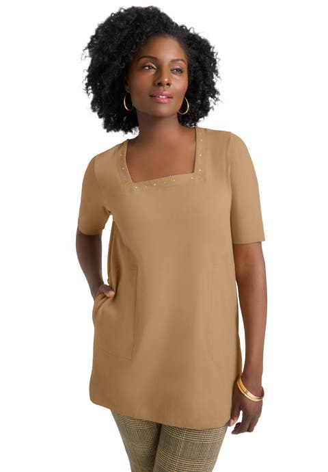 Stretch Cotton Studded Square Neck Tunic (Plus Available)