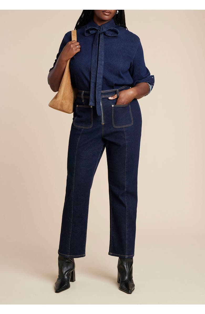 ELOQUII Denim Top With Bow Tie, Alternate, color, Dark Wash