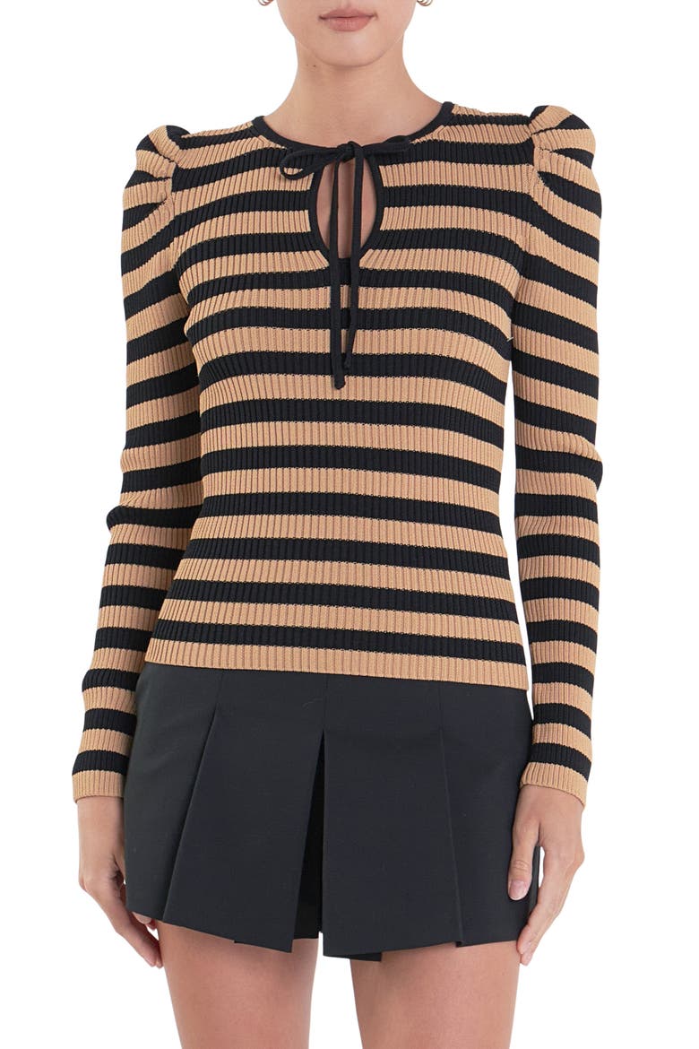 Puff Shoulder Stripe Rib Knit Top, Main, color, TANBLACK