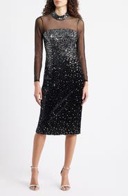 Eliza J Mixed Media Sequin Long Sleeve Cocktail Midi Dress