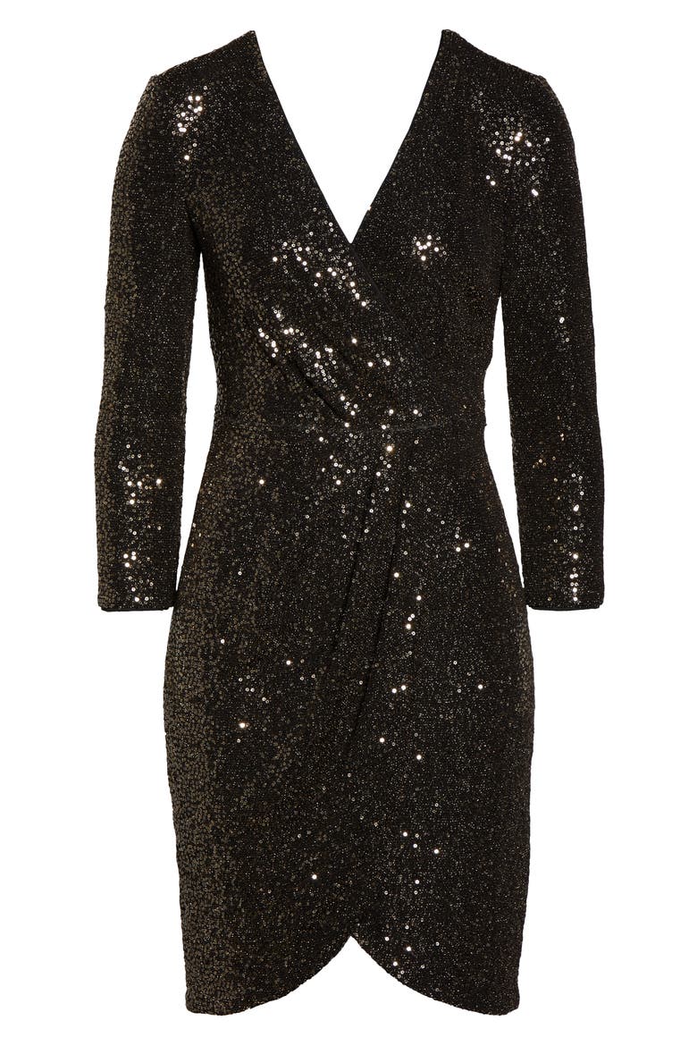 Faux Wrap Sequin Cocktail Dress, Alternate, color, BLACK GOLD