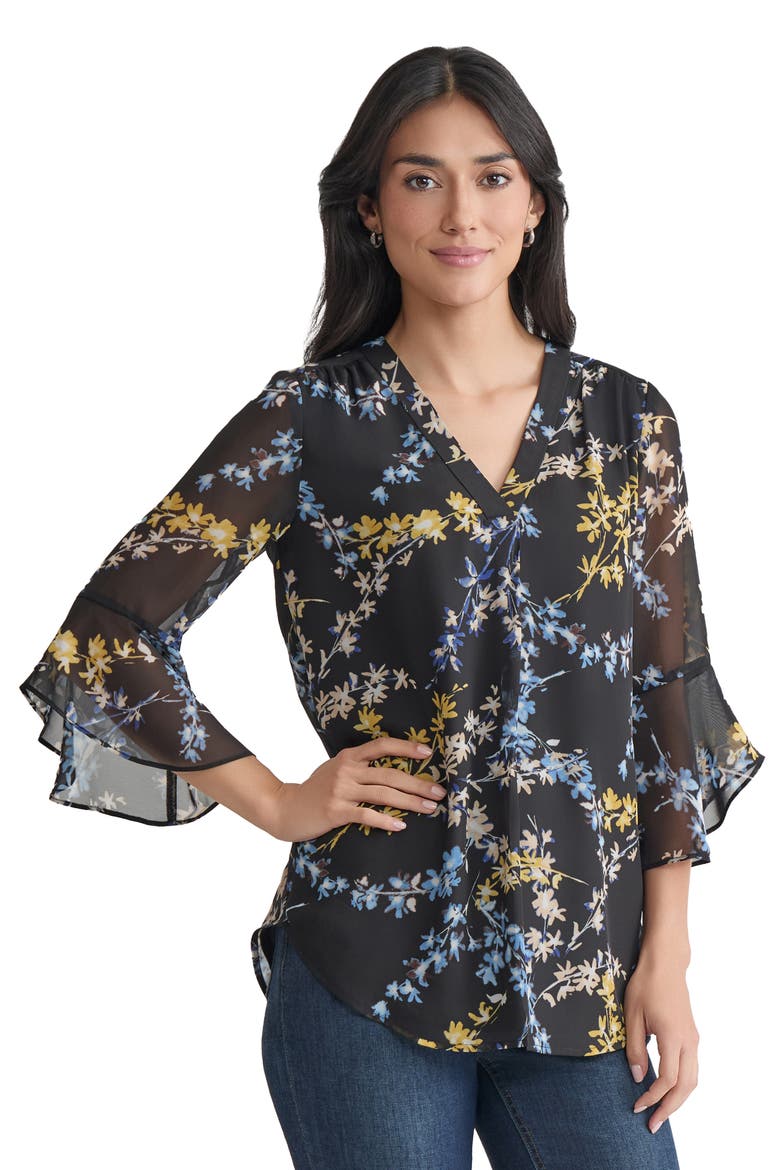 Floral Flutter Sleeve Top, Alternate, color, JONES BLACK MULTI