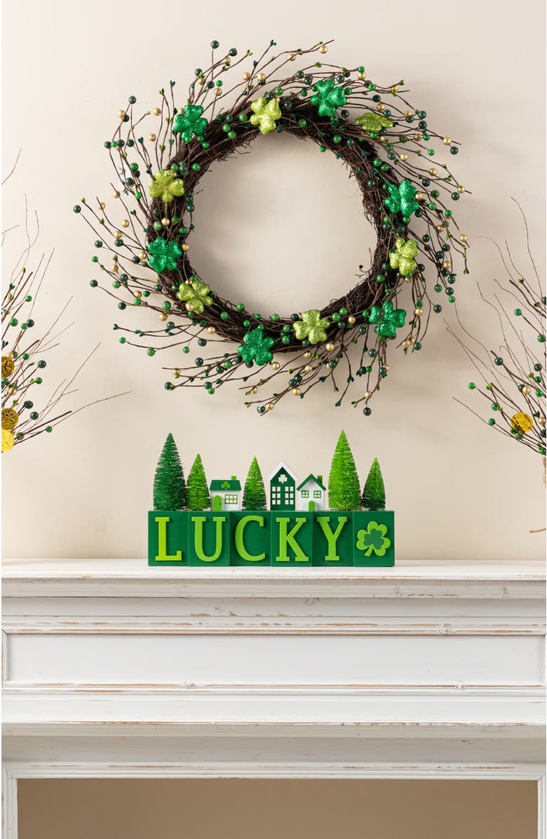 Glitzhome St. Patrick's Wooden House Brush Trees LUCKY Table Decor, Alternate, color, Green