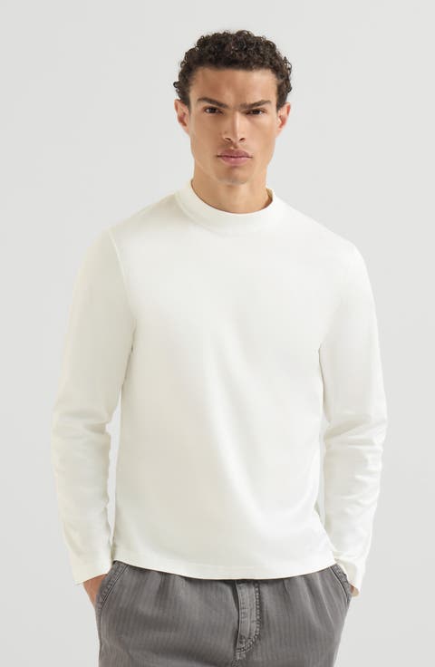 Cotton jersey long sleeve mock neck T-shirt