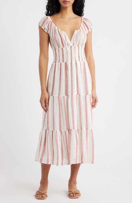 x Giadzy Daria Stripe Smocked Waist Linen Blend Dress