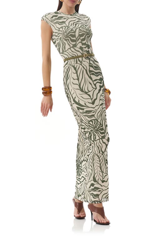 Afrm Cody Print Cap Sleeve Mesh Maxi Dress In Green