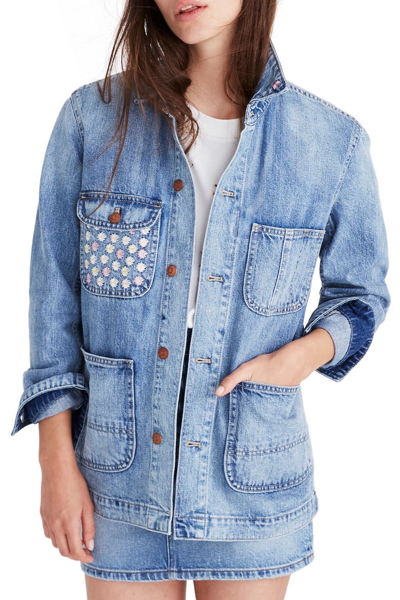 Embroidered Denim Chore Coat, Main, color, ROSSEAU WASH