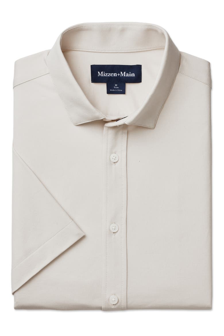 Newport Solid Tan Short Sleeve Knit Cotton Blend Button-Up Shirt, Alternate, color, OAT