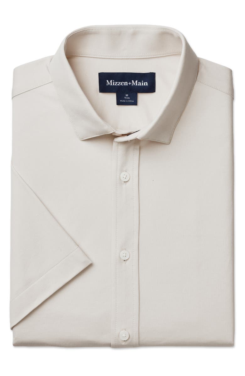 Mizzen+Main Newport Solid Tan Short Sleeve Knit Cotton Blend Button-Up Shirt, Alternate, color, Oat