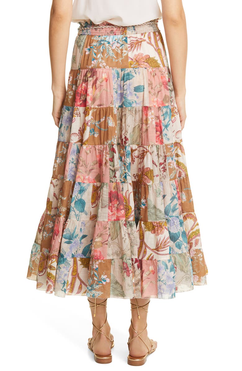 Zimmermann Cassia Patchwork Floral Cotton Midi Skirt, Alternate, color,