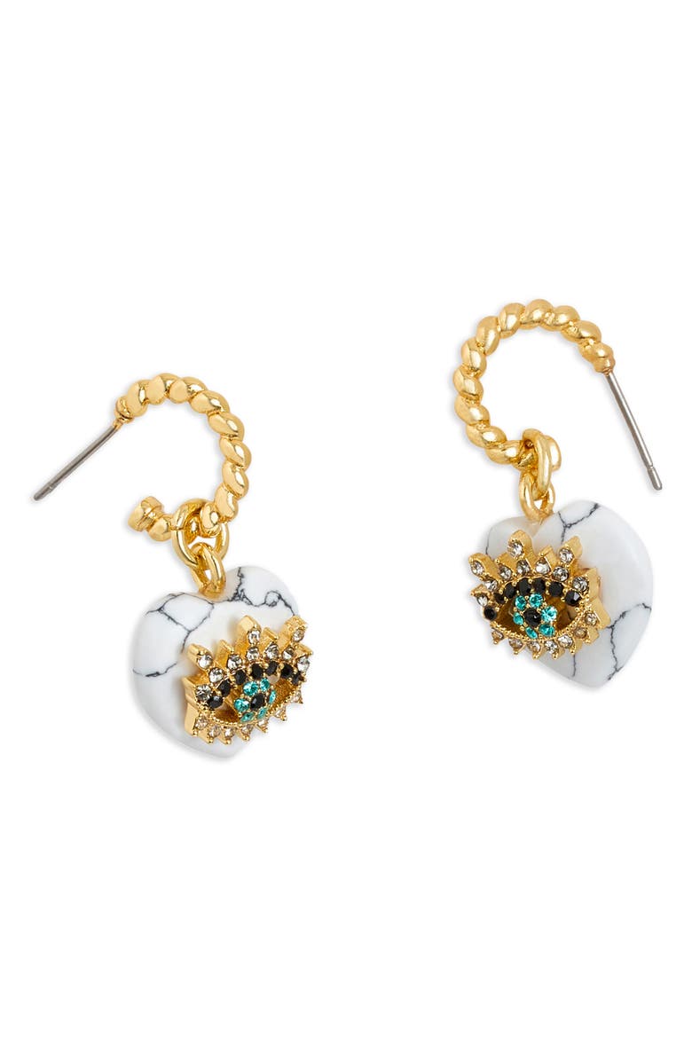 Kurt Geiger London Evil Eye & Heart Drop Hoop Earrings, Alternate, color,