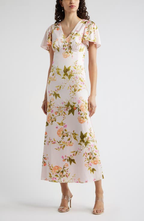 Flutter Sleeve Satin Maxi Dress