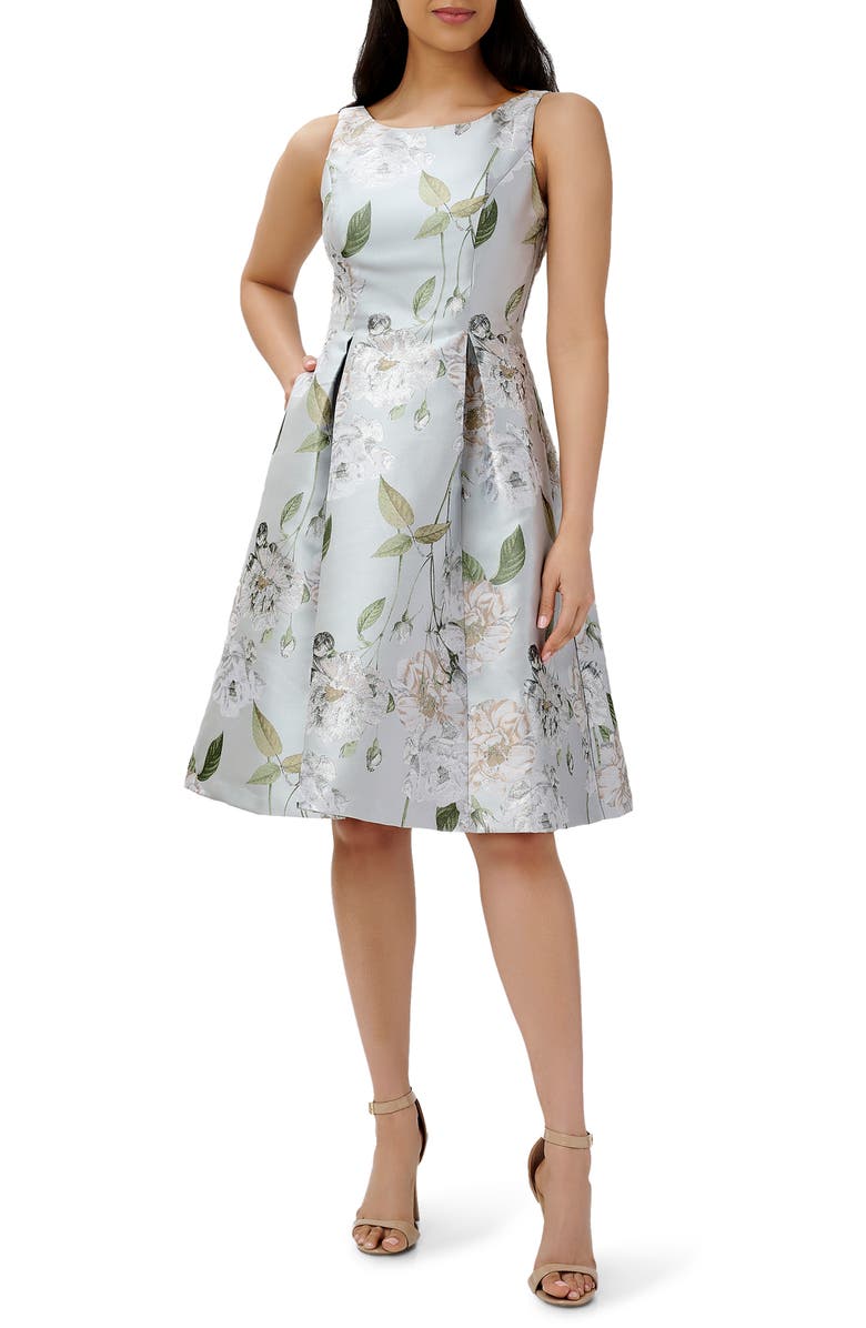 green emerald velvet dress Floral Jacquard Short Fit And Flare Dress In Blue Black Multi