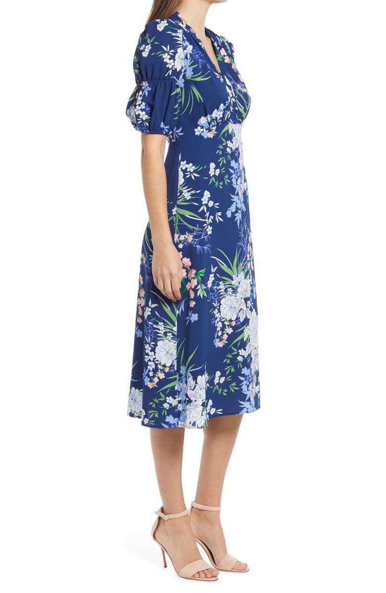 Vince Camuto Floral Puff Sleeve Pebble Crepe Midi Dress, Alternate, color, 