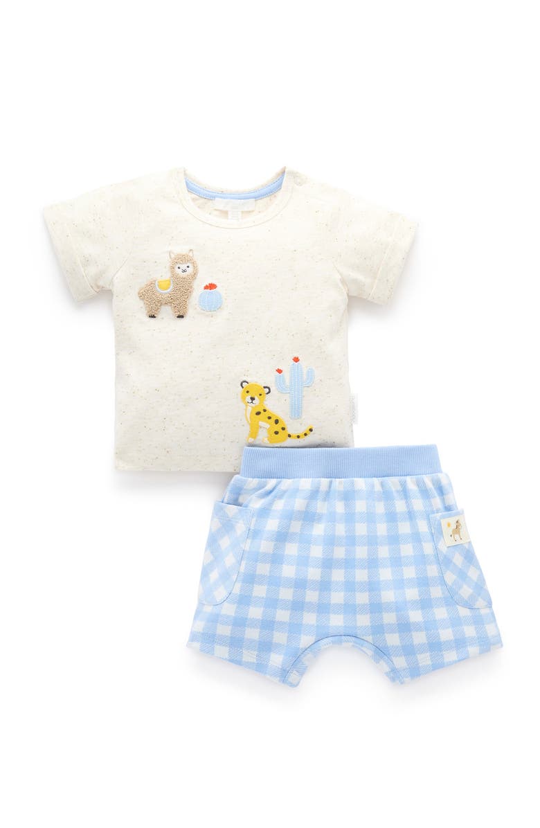 Purebaby Gingham Short and Tee Set, Main, color, Caribbean Gingham