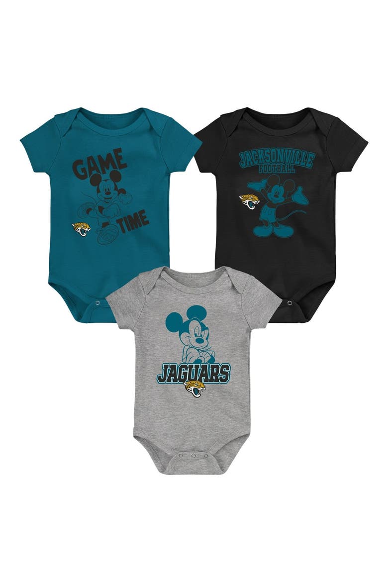 Newborn & Infant Teal/Black/Gray Jacksonville Jaguars Three-Piece Disney Game Time Bodysuit Set, Alternate, color, Teal