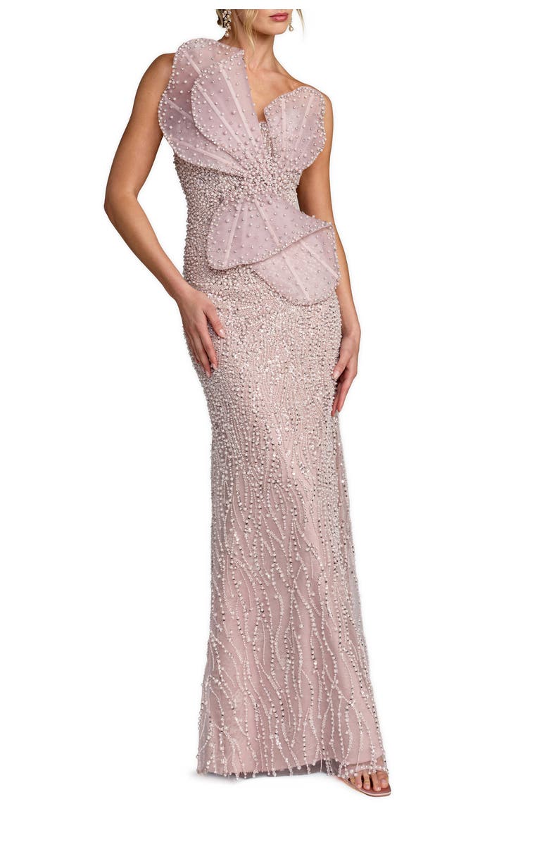 Mac Duggal Sequin Organza Strapless Bow Detail Column Gown, Main, color, Mocha