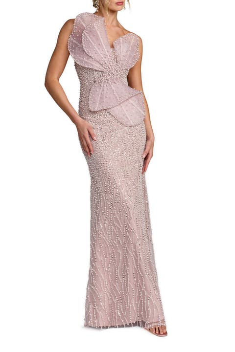 Sequin Organza Strapless Bow Detail Column Gown