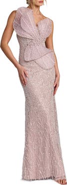 Mac Duggal Sequin Organza Strapless Bow Detail Column Gown