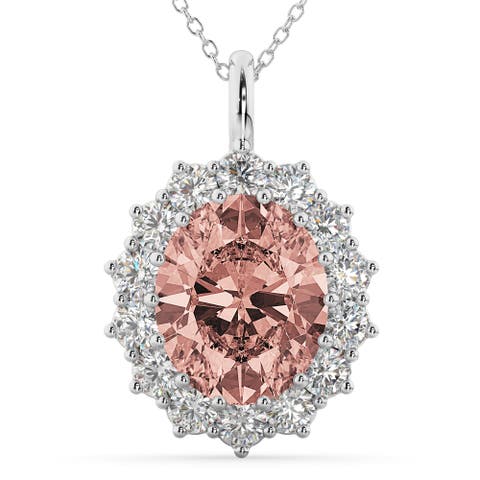 Oval Morganite & Diamond Halo Pendant Necklace 14k