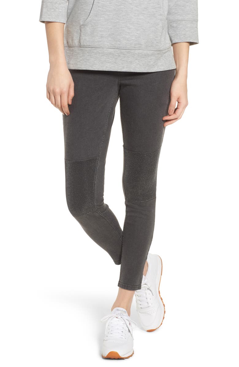 Zeza B by Hue Metallic Knee Patch Denim Skimmer Leggings, Main, color, 