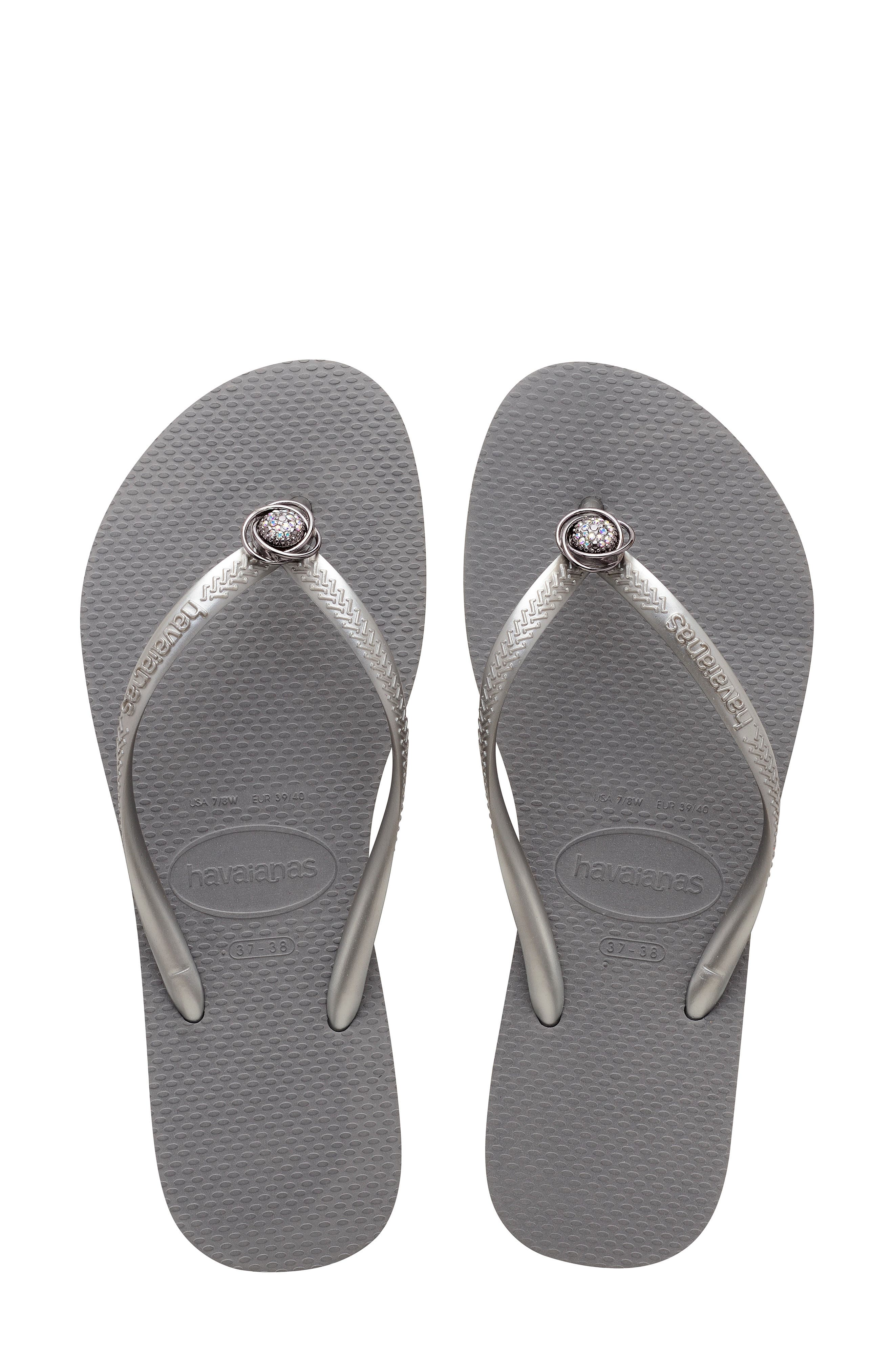 Slim Crystal Rings Flip Flop, Main, color, STEEL GREY