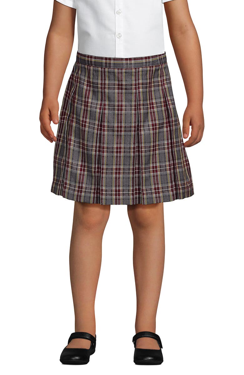 Lands' End School Uniform Girls Plaid Box Pleat Skirt Top of the Knee, Main, color, Gray Heather/Maroon Plaid