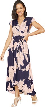 Yumi Blossom Print Dipped Hem Wrap Midi Dress
