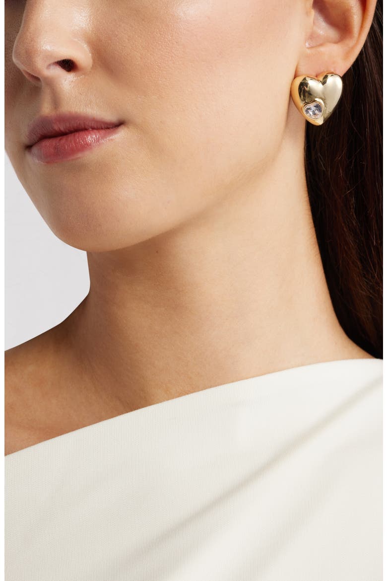 Puffy Heart & Stone Stud Earrings, Alternate, color, CLEAR- GOLD