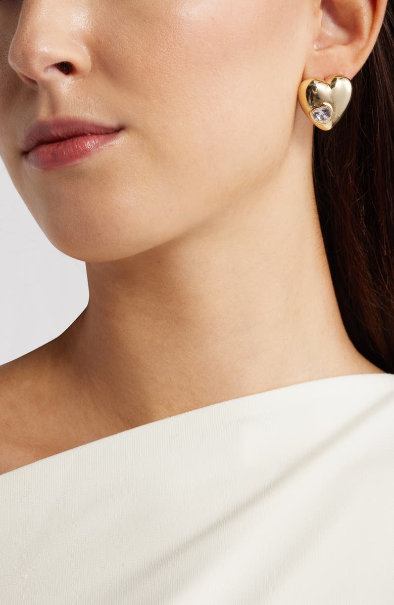 Nordstrom Puffy Heart & Stone Stud Earrings, Alternate, color, Clear- Gold
