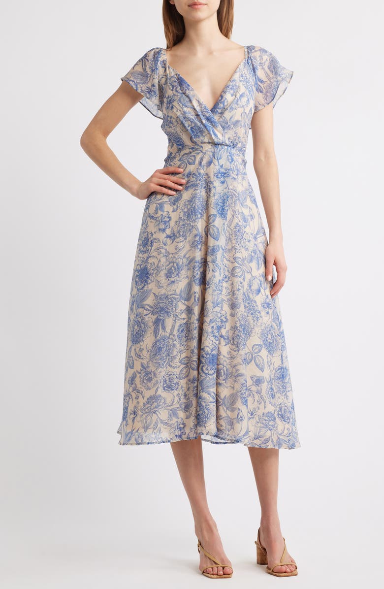 Lulus April Floral Chiffon Fit & Flare Midi Dress, Main, color, Blue