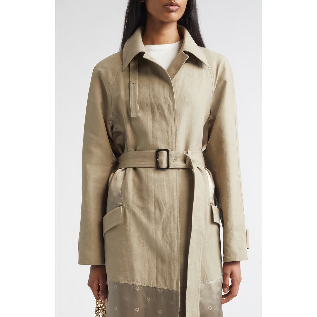 FERRAGAMO Satin Inset Belted Duster Coat in Safari at Nordstrom, Size 38