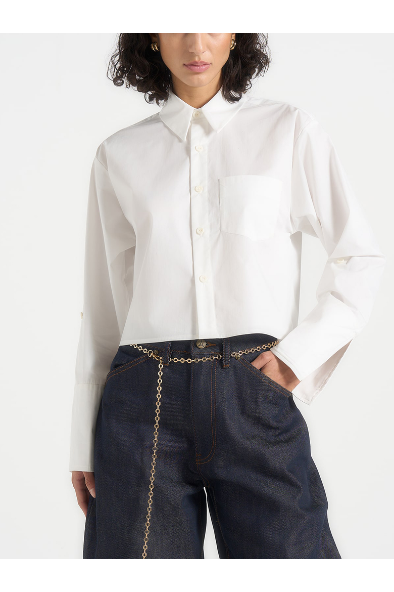 Maura Oversized Cropped Roll Sleeve Cotton Shirt, Alternate, color, White