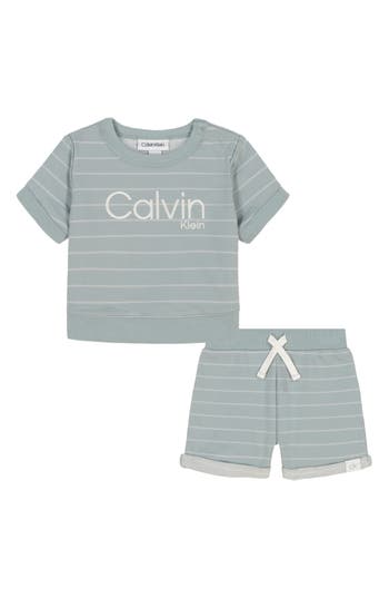Calvin Klein Baby Boys 2-piece Striped French Terry Short Sleeve Crewneck And Shorts Set In Gray