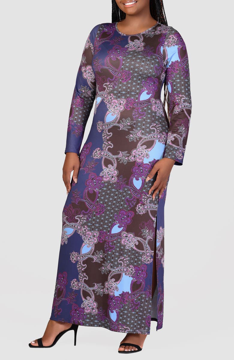 24seven Comfort Apparel Mixed Print Long Sleeve Maxi Dress, Alternate, color, Purple Multi