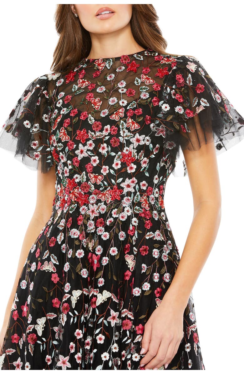 Mac Duggal Embellished Butterfly Tea Length A Line Dress, Alternate, color, Black Multi