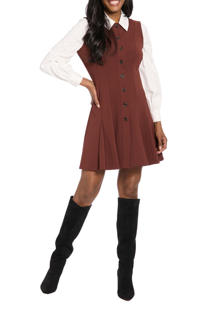 London Times Long Sleeve Twofer Scuba Fit & Flare Dress, Main, color, Bitter Chocolate