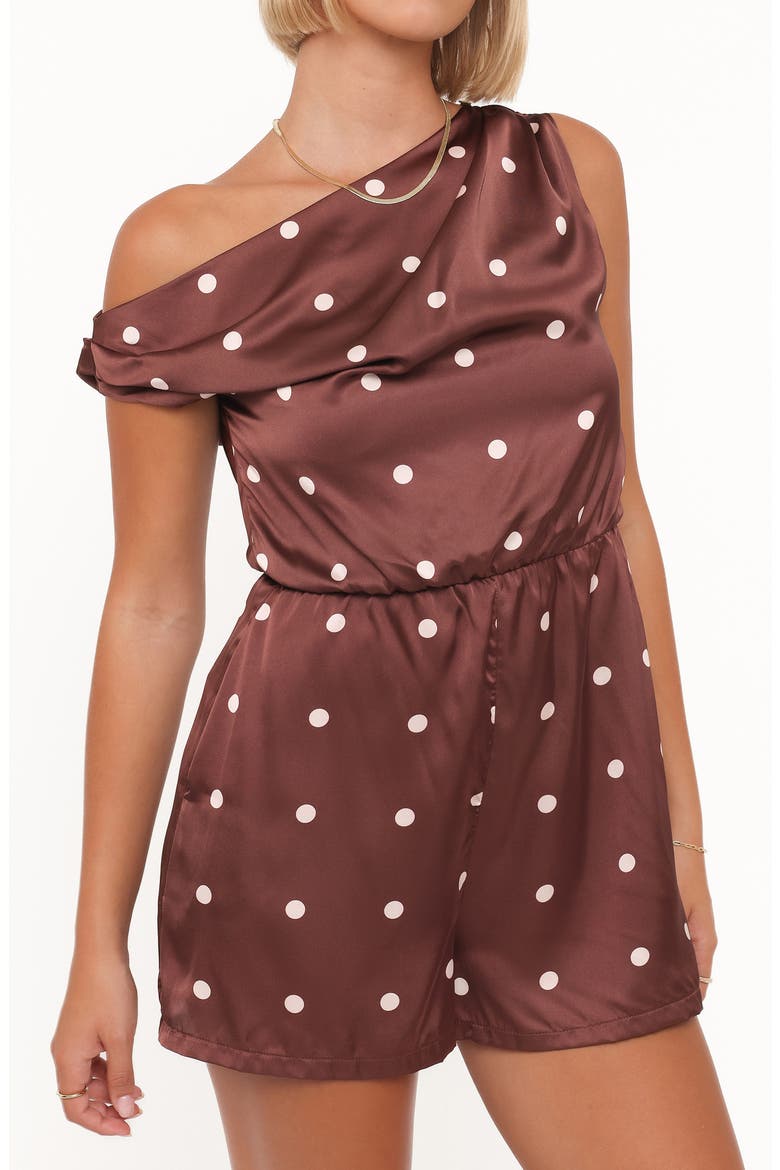 Cassidy One-Shoulder Romper, Alternate, color, BROWN POLKA DOT