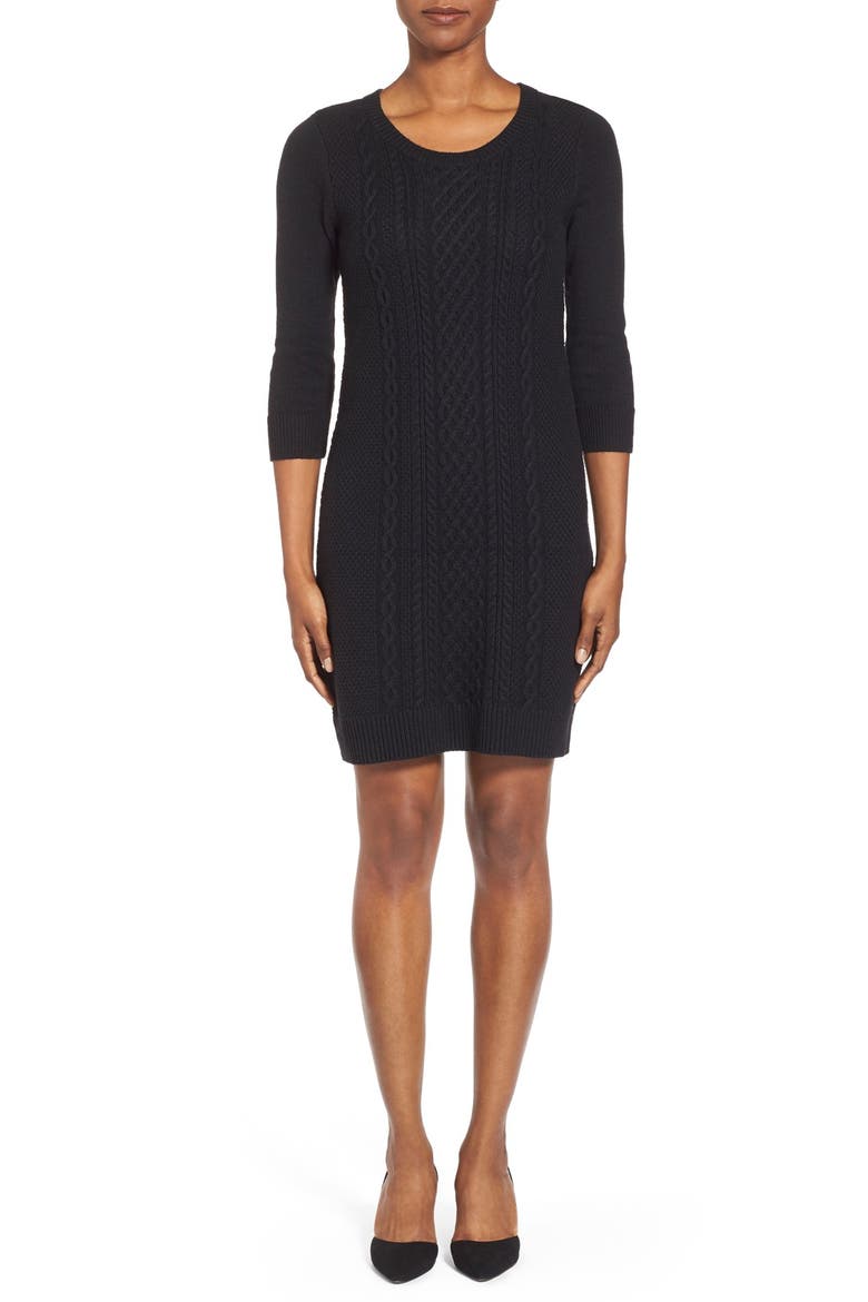 Cable Knit Sweater Dress, Main, color, BLACK