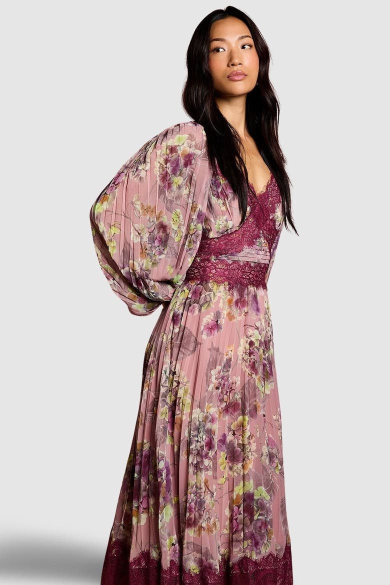 Pleated Lace Trim Midaxi Dress, Alternate, color, Pink