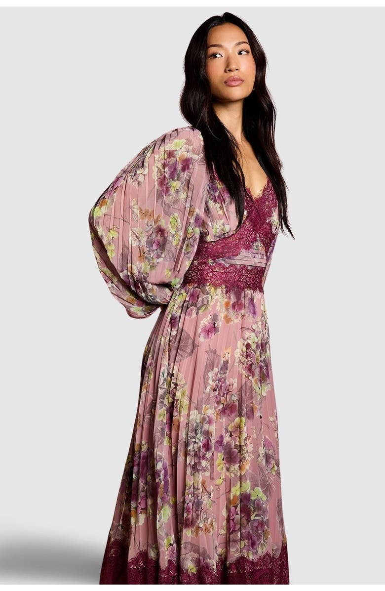 Coast Pleated Lace Trim Midaxi Dress, Alternate, color, Pink